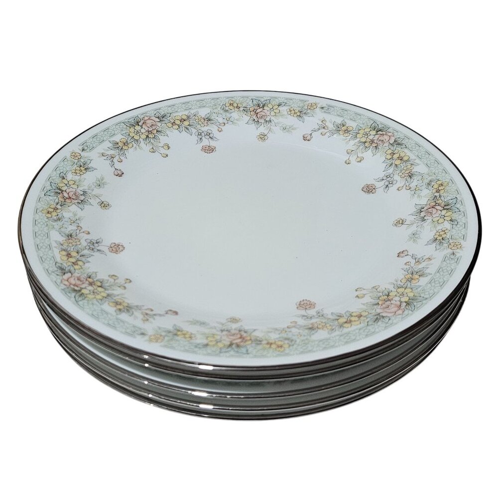 5 Noritake Spring Field Salad Plates delicate flowers vtg Japan silver rim gree